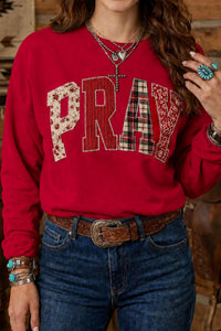 $9.36 Racing Red Floral Buffalo Plaid Striped Embroidered Patch Western Pullover Sweatshirt Wholesale
