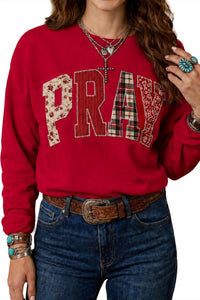 $9.36 Racing Red Floral Buffalo Plaid Striped Embroidered Patch Western Pullover Sweatshirt Wholesale