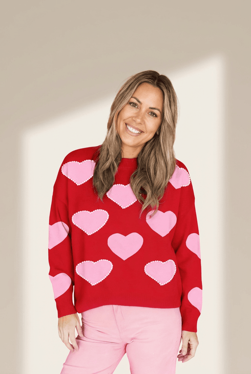 Women's Racing Red Heart and Pearl Embellished Festive Sweater with practical styling and dependable silhouette control.
