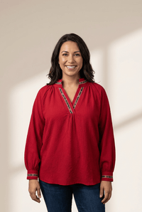 Women's Racing Red Leopard Trim V-Neck Blouse in Textured Crepe