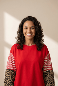 Women's Racing Red Mixed-Print Sweatshirt with Leopard and Stripes