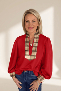 Women's Racing Red Plaid V-Neck Blouse with Lantern Sleeves