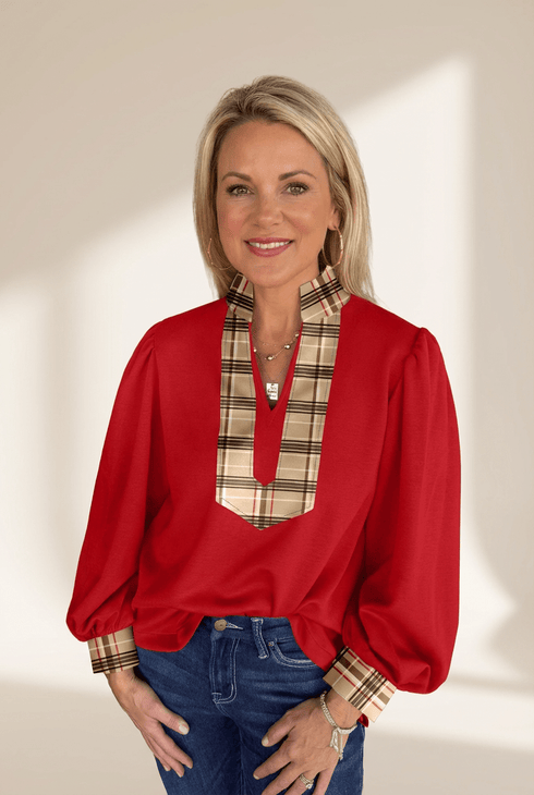 Women's Racing Red Plaid V-Neck Blouse with Lantern Sleeves