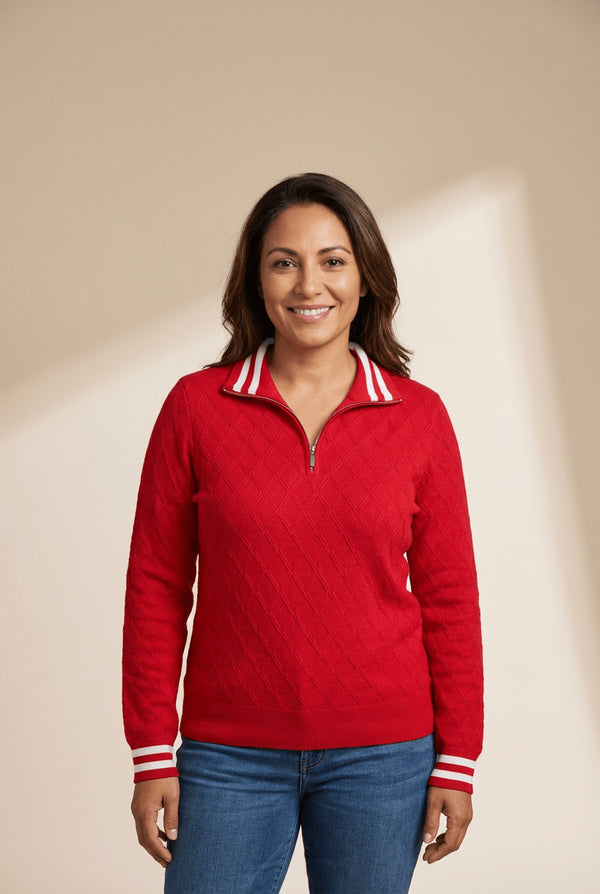 Women's Racing Red Rhombus Textured Zip-Neck Pullover