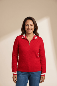 
Women's Racing Red Rhombus Textured Zip-Neck Pullover