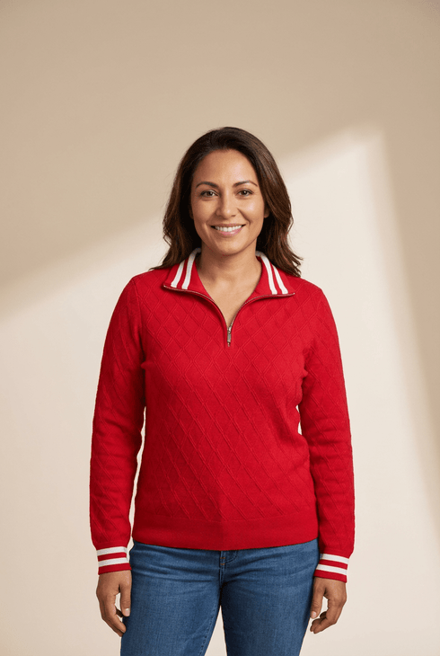 Women's Racing Red Rhombus Textured Zip-Neck Pullover