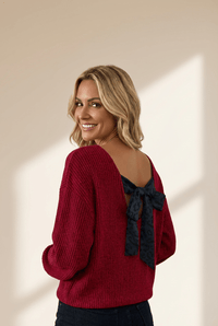 Women's Racing Red Ribbed Bow-Back Top with Leopard Accent