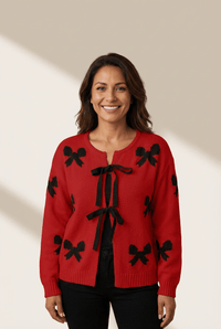 Women's Racing Red Ribbon Bow Tie Cardigan Sweater