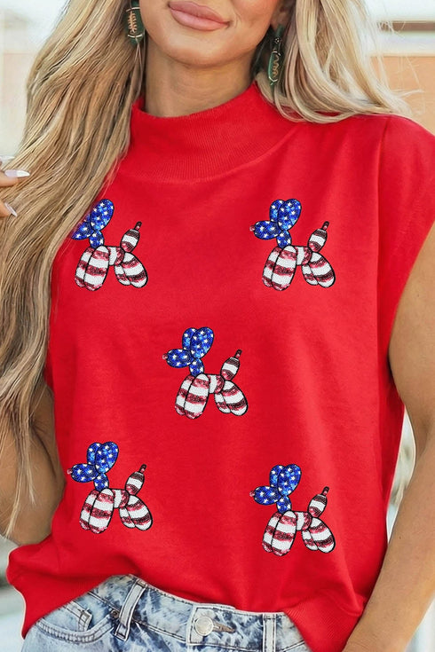 Women's Racing Red Sequin High Neck Tee with American Flag & Balloon Dog Print - Trendy Short Sleeve Top for Fun Outings