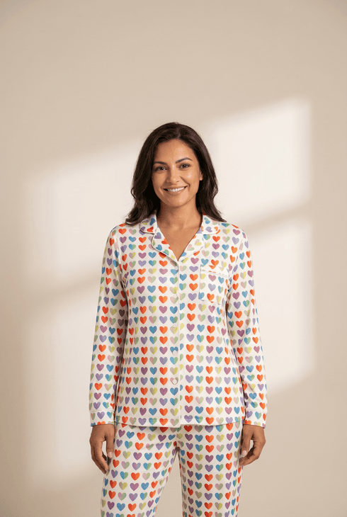 Women's Rainbow Heart Print Long Sleeve Pajama Set