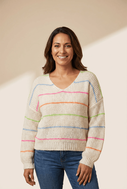 Women's Rainbow Striped V-Neck Knit Sweater in Cream Acrylic