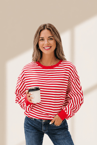 Women's Red and White Striped Drop Shoulder Sweatshirt
