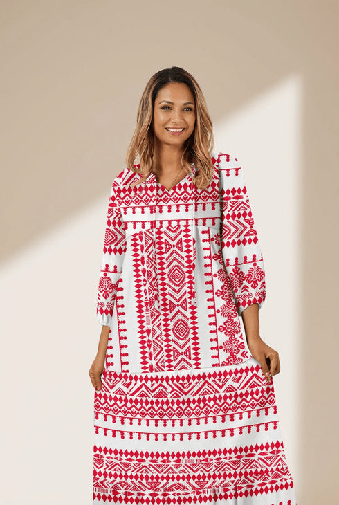 Women's Red Bohemian Geometric Maxi Dress with Half Sleeves