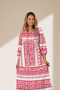 Women's Red Bohemian Geometric Maxi Dress with Half Sleeves