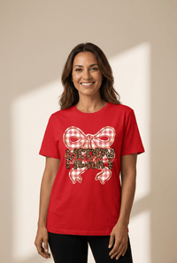 Women's Red Christmas Bow Graphic Tee with Leopard Detail