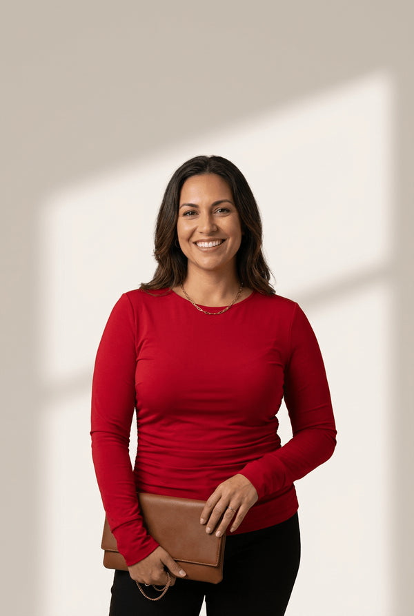Women's Red Dahlia Long Sleeve Ruched Top with Extended Cuffs