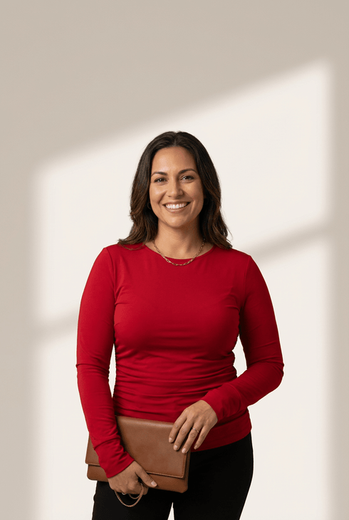 Women's Red Dahlia Long Sleeve Ruched Top with Extended Cuffs