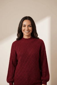 
Women's Red Dahlia Mock Neck Diagonal Rib Textured Sweater