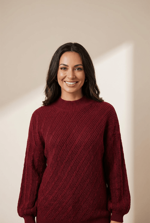 Women's Red Dahlia Mock Neck Diagonal Rib Textured Sweater