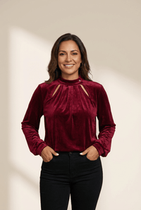 women's red dahlia velvet mock neck blouse with keyhole detail made for easy styling and wardrobe coordination, with premium-like structure and with