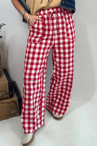 Women's Red Gingham Plaid Shift Pants with Tie and Elastic Waist for , Everyday Wear