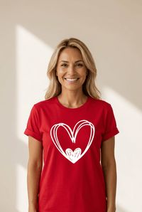 Women's Red Hand-Drawn Heart Graphic Tee with Rolled Cuffs