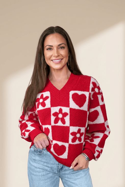 Women's Red Heart and Floral V-Neck Checkerboard Knit Sweater
