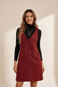 Women's Red Houndstooth V-Neck Shift Mini Dress