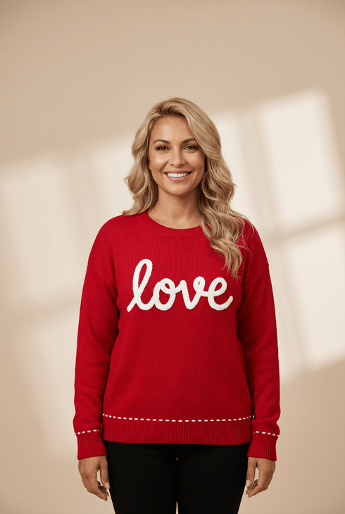 Women's Red Love Chenille Letter Knit Sweater with Contrast Trim