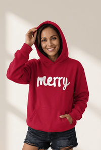 Women's Red 'Merry' Graphic Hooded Sweatshirt with Kangaroo Pocket