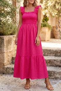 Women's Red Plaid Fit-and-Flare Sundress with Square Neck for Summer Vacations and Casual Outings