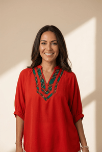 Women's Red Plaid Patchwork V-Neck Blouse with Ruched Half Sleeves