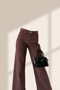 Women's Red Sandalwood High-Waist Seamed Wide Leg Cropped Jeans