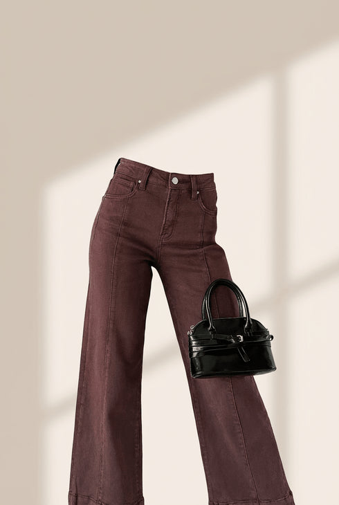Women's Red Sandalwood High-Waist Seamed Wide Leg Cropped Jeans