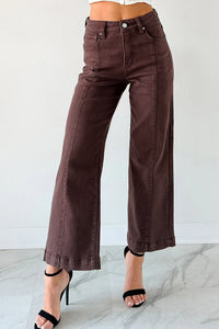 Red Sandalwood Solid Color Seamed Center Wide Leg Cropped Jeans