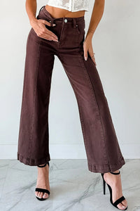 Red Sandalwood Solid Color Seamed Center Wide Leg Cropped Jeans