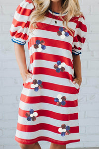 Women's Red Sequin Floral Shift Dress with Puff Sleeves - Stylish Summer Outfit for Celebrations and Events