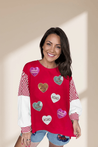 Women's Red Sequin Heart Color-Block Sweatshirt