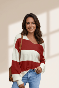 
Women's Red Stripe Color Block V-Neck Sweater with Bubble Sleeves