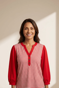 Women's Red Stripe Contrast Patchwork Blouse with Henley V-Neck