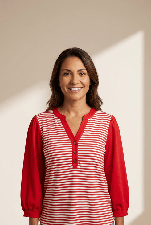 Women's Red Stripe Contrast Patchwork Blouse with Henley V-Neck