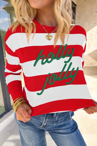 Women's Red Stripe Holly Jolly Embroidered Pullover Sweatshirt