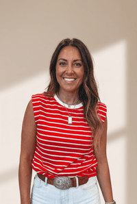 Women's Red Stripe Muscle Tank with Contrast Crew Neckline