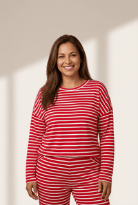 Women's Red Striped Cotton Lounge Set with Drop Shoulder Top