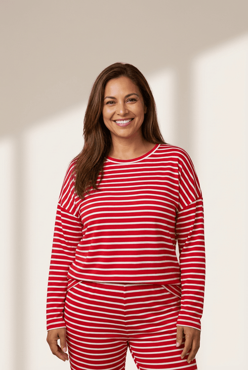 Women's Red Striped Cotton Lounge Set with Drop Shoulder Top