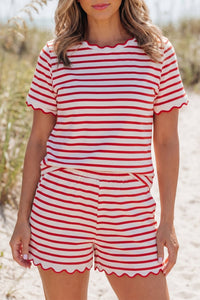 Women's Red Striped Scallop Hem Top & Shorts Set - Trendy Summer Outfit for Effortless Casual Style & Comfort