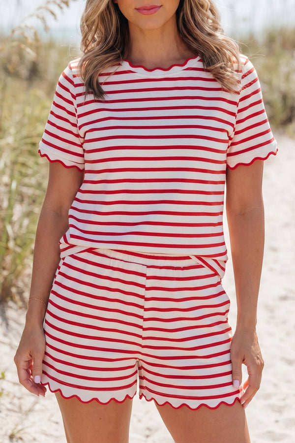 Women's Red Striped Scallop Hem Top & Shorts Set - Trendy Summer Outfit for Effortless Casual Style & Comfort