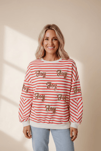 Women's Red Striped Sequin Joy Graphic Christmas Sweatshirt