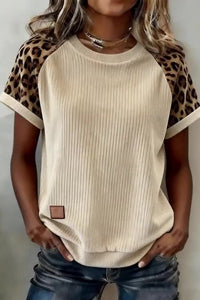 Women's Relaxed Fit Apricot Ribbed Color Block Tee with Leopard Print Sleeves – Casual Chic Top for Everyday Wear