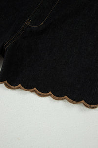Black Embroidered Scalloped Trim Relaxed Denim Shorts